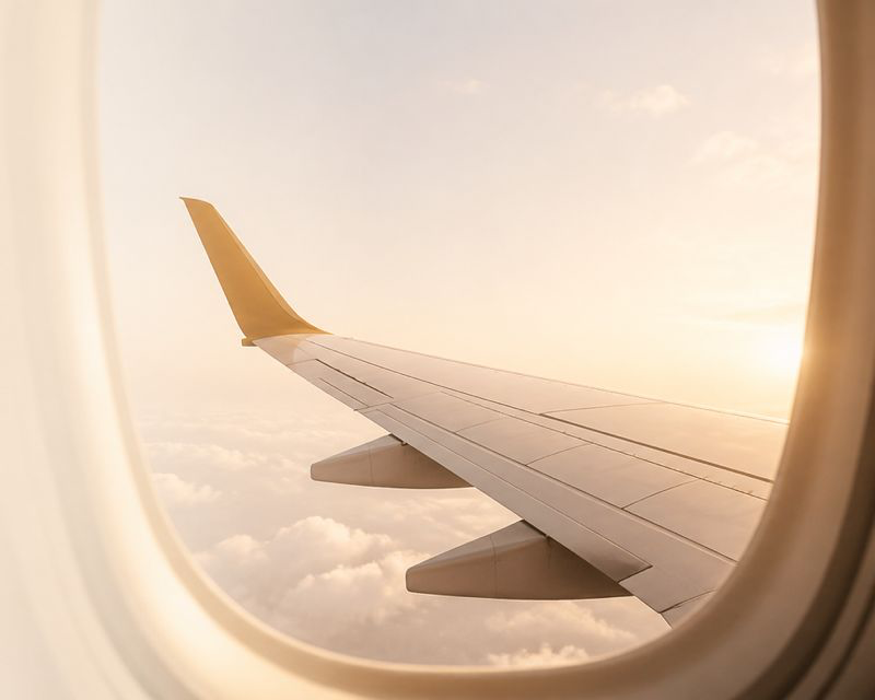 Vista da janela do avião sobre a asa ao pôr do sol